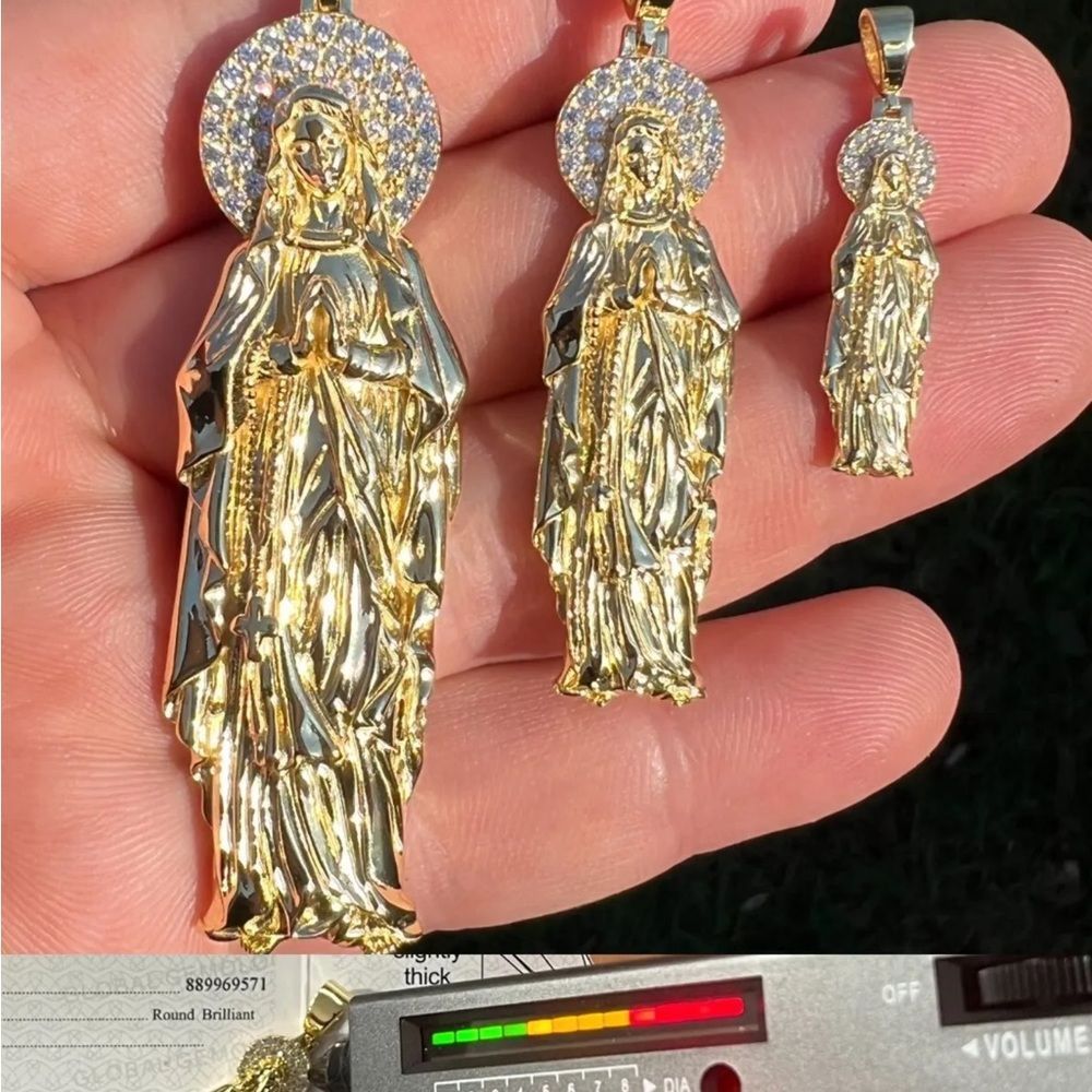 Real 925 Silver 14k Gold Over Virgin Mary Pendant Iced Necklace